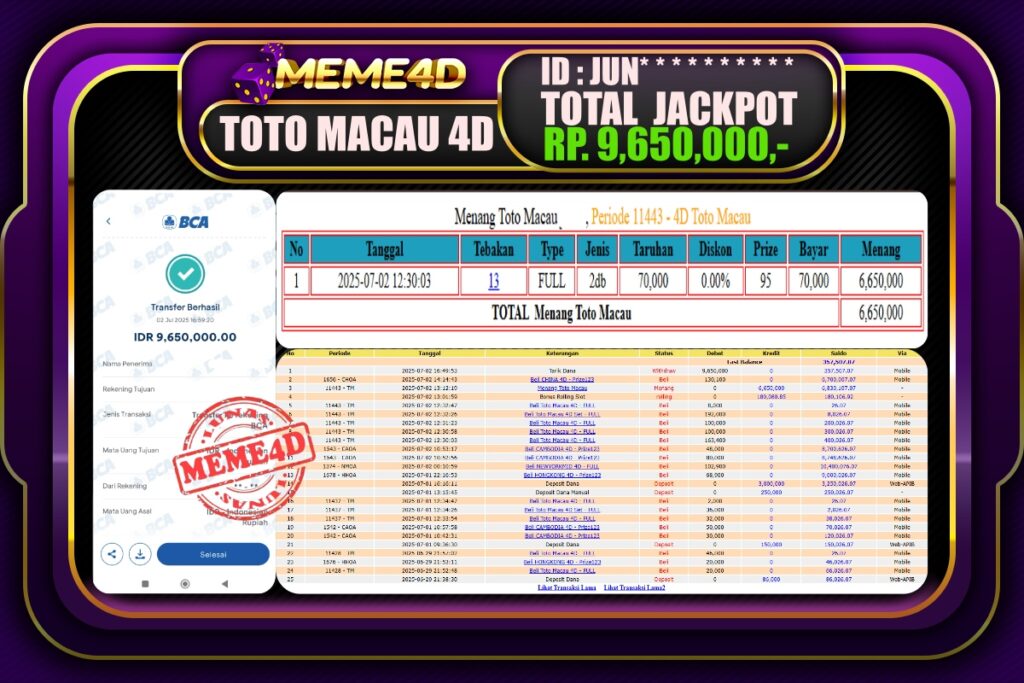 Bukti Jp MEME4D Togel Online 03 Juli 2025