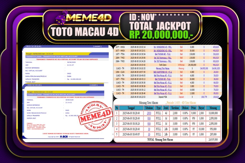 Bukti Jp MEME4D Togel Online 01 Juli 2025