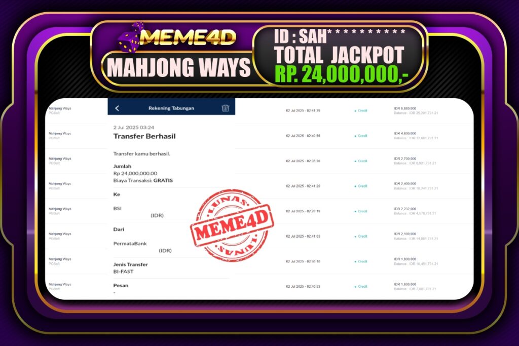 Bukti Jp MEME4D Slot Online 02 Juli 2025