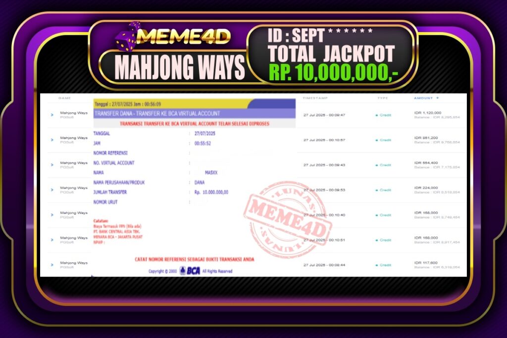 Bukti Jp MEME4D Slot Online 27 Juli 2025