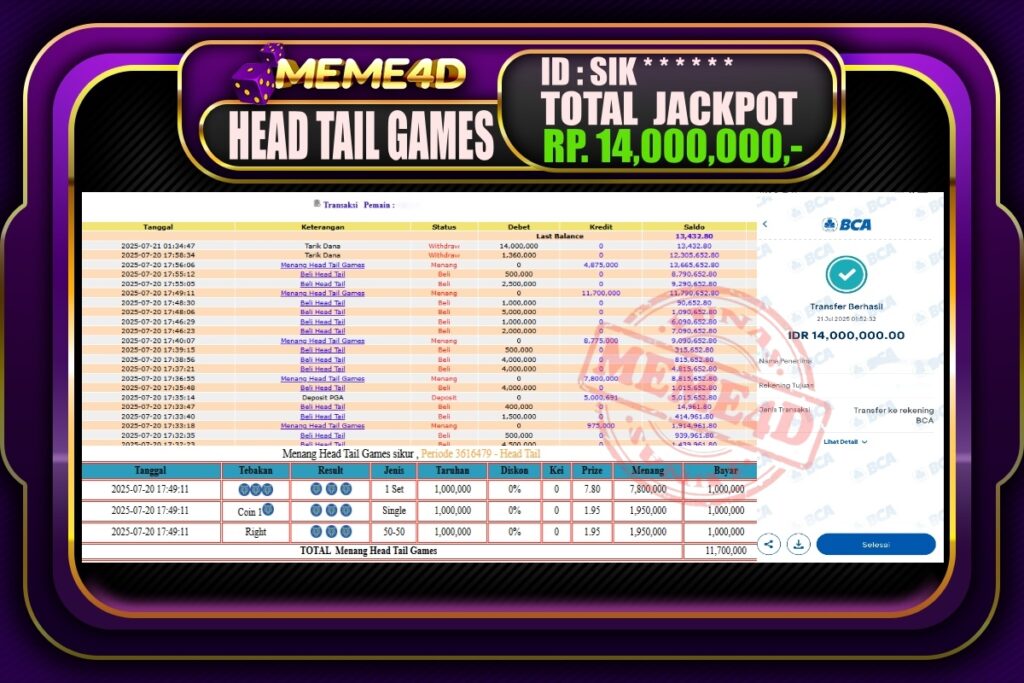 Bukti Jp MEME4D Togel Online 21 Juli 2025