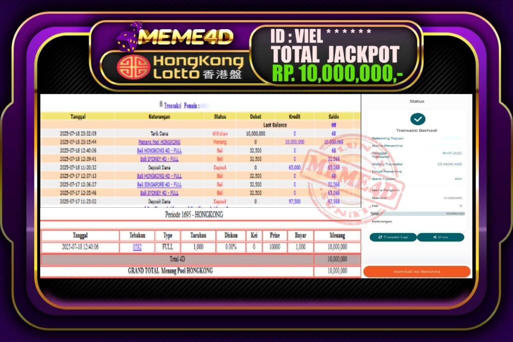 Bukti Jp MEME4D Togel Online 19 Juli 2025