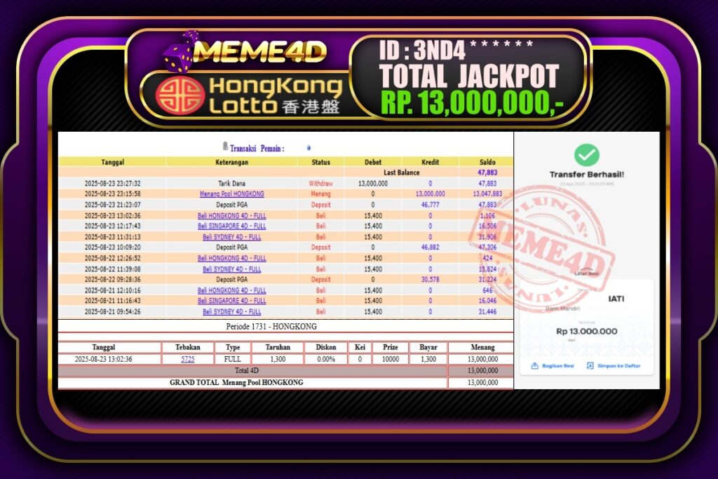 Bukti Jp MEME4D Togel Online 24 Agustus 2025