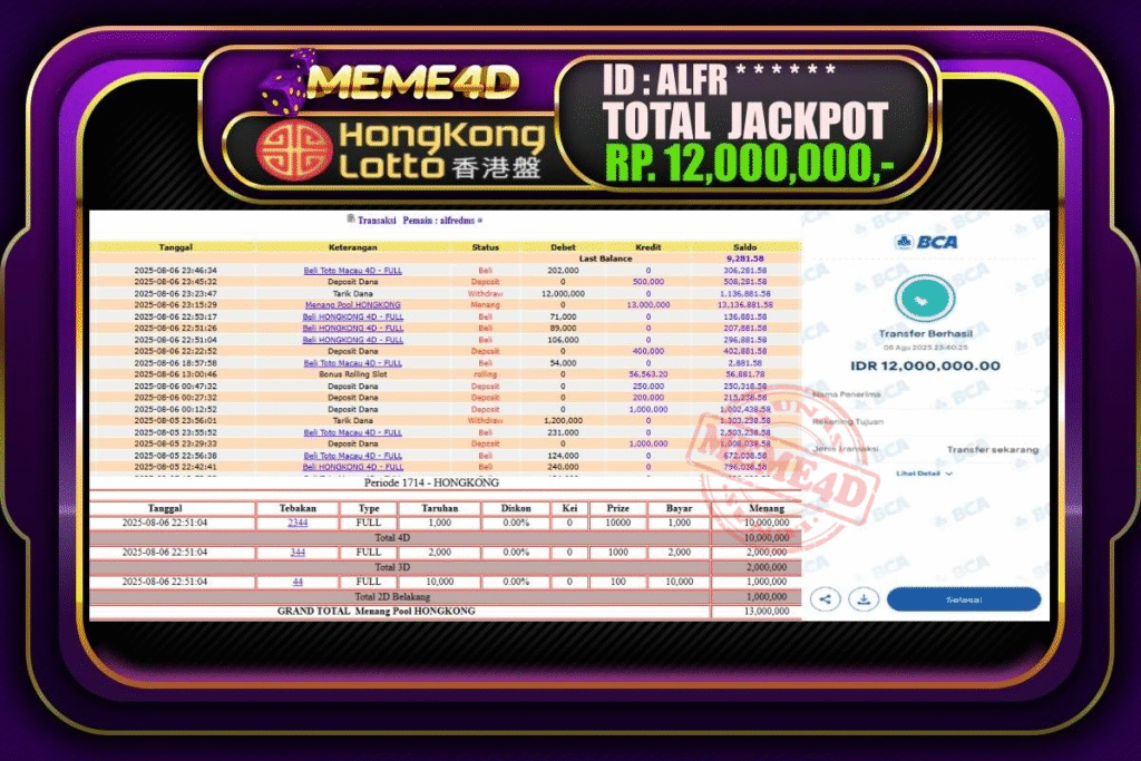 Bukti Jp MEME4D Togel Online 07 AGUSTUS 2025