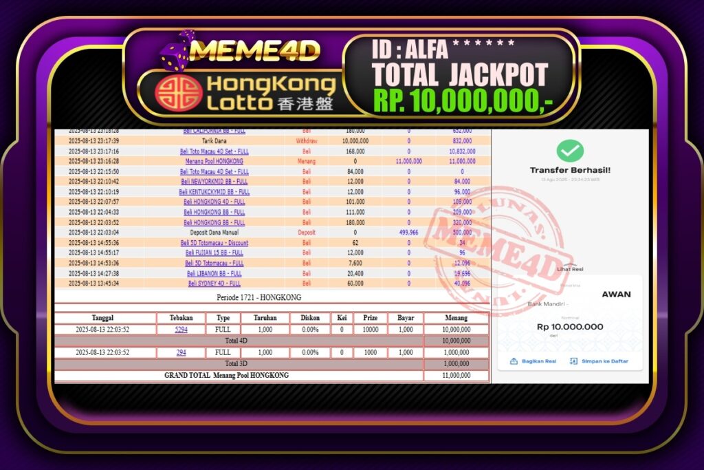 Bukti Jp MEME4D Togel Online 14 AGUSTUS 2025