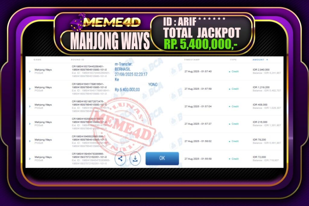 Bukti Jp MEME4D Slot Online 27 Agustus 2025