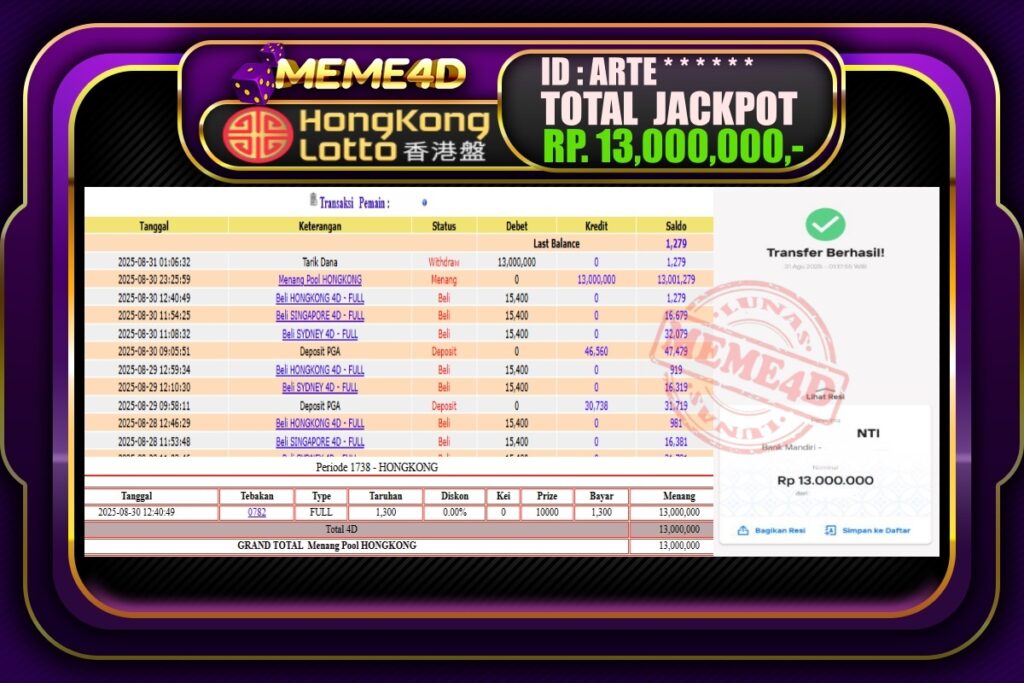 Bukti Jp MEME4D Togel Online 31 Agustus 2025