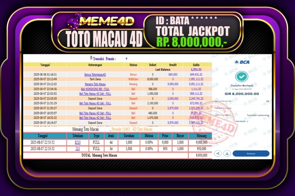 Bukti Jp MEME4D Togel Online 08 AGUSTUS 2025