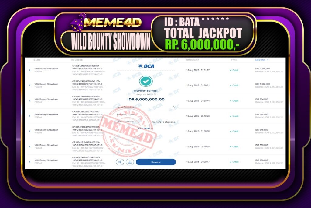 Bukti Jp MEME4D Slot Online 10 AGUSTUS 2025