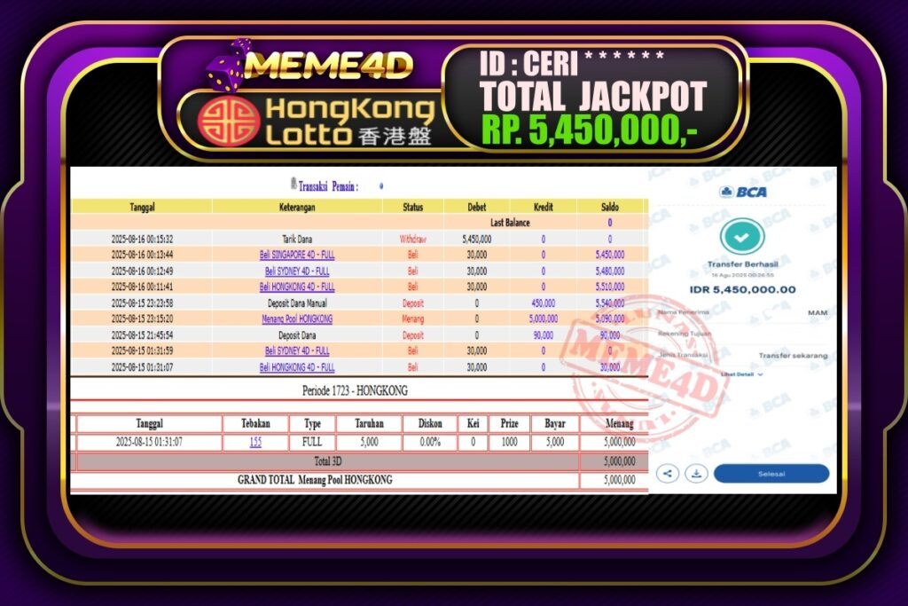 Bukti Jp MEME4D Togel Online 16 AGUSTUS 2025