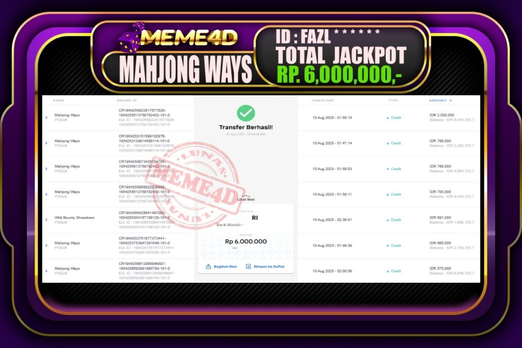 Bukti Jp MEME4D Slot Online 10 AGUSTUS 2025
