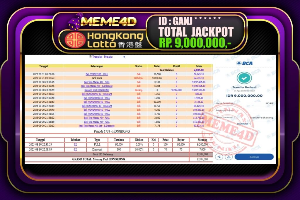 Bukti Jp MEME4D Togel Online 31 Agustus 2025