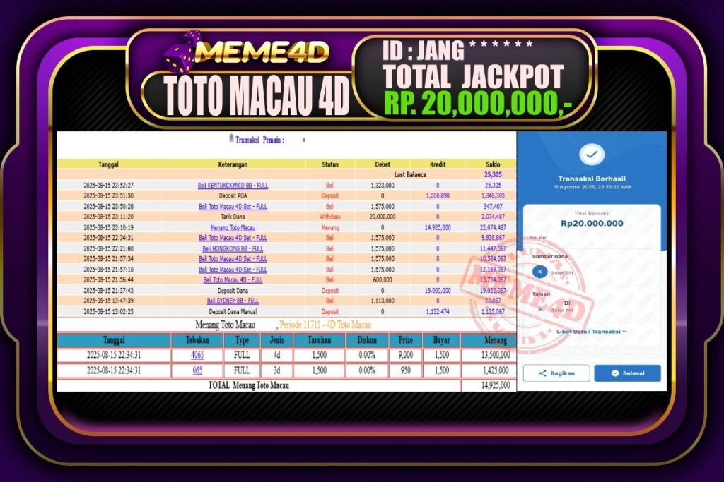 Bukti Jp MEME4D Togel Online 16 AGUSTUS 2025