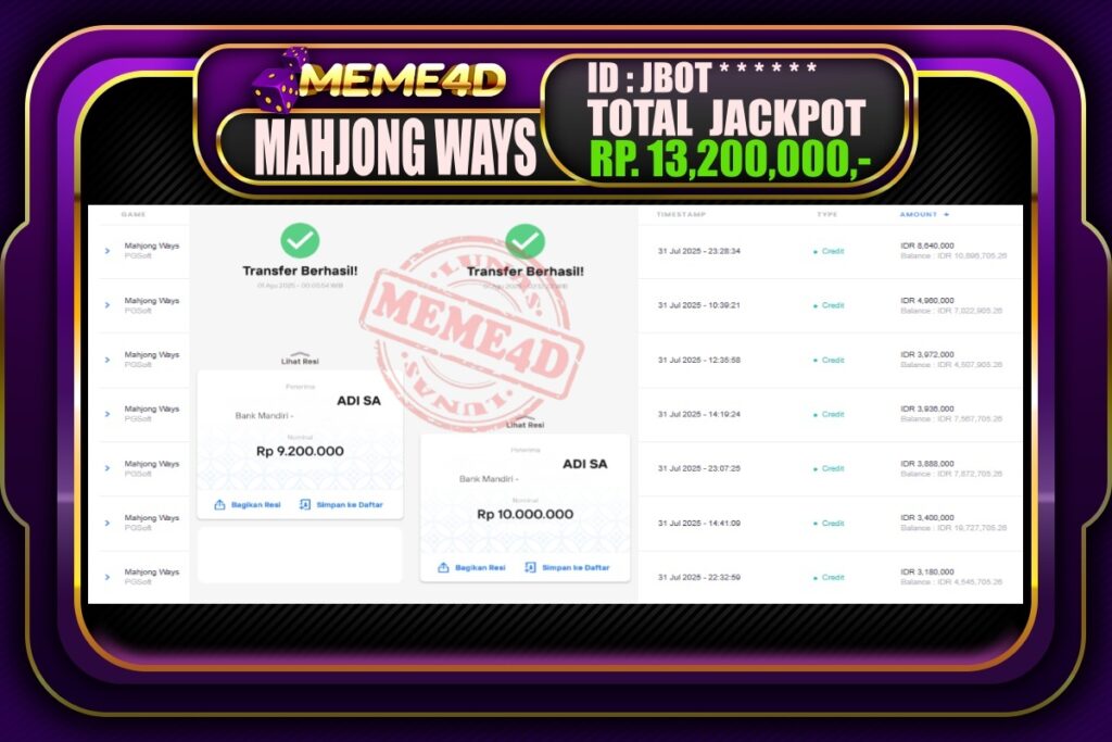 Bukti Jp MEME4D Slot Online 01 AGUSTUS 2025