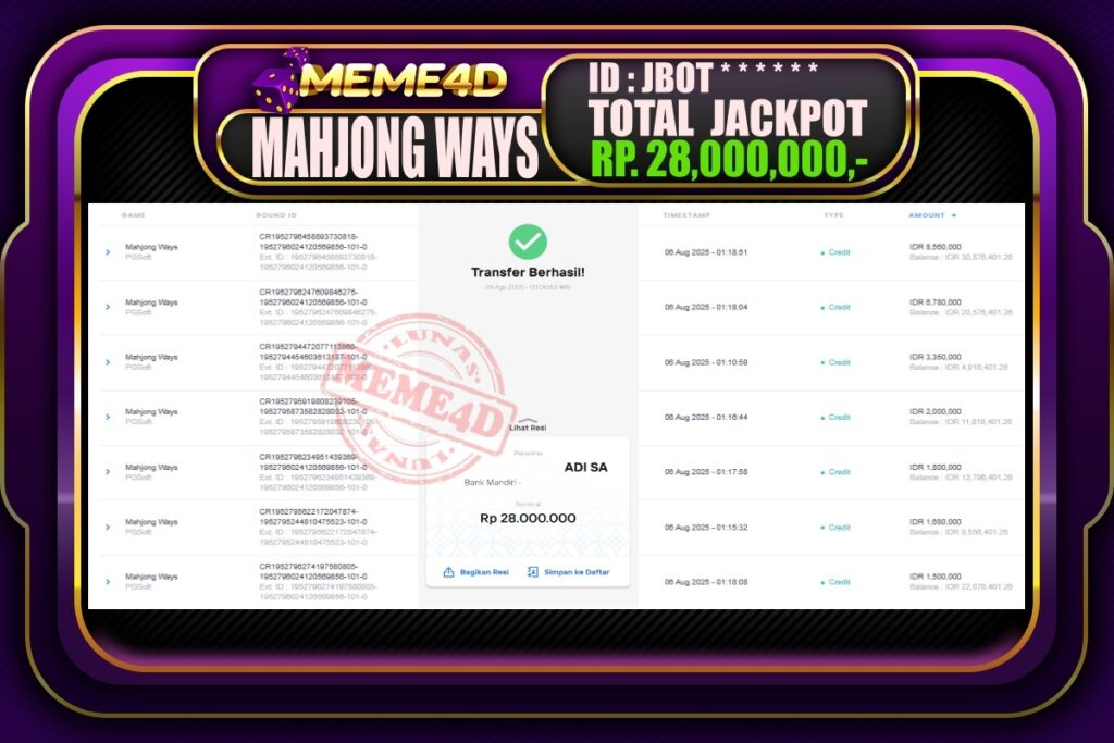 Bukti Jp MEME4D Slot Online 06 AGUSTUS 2025