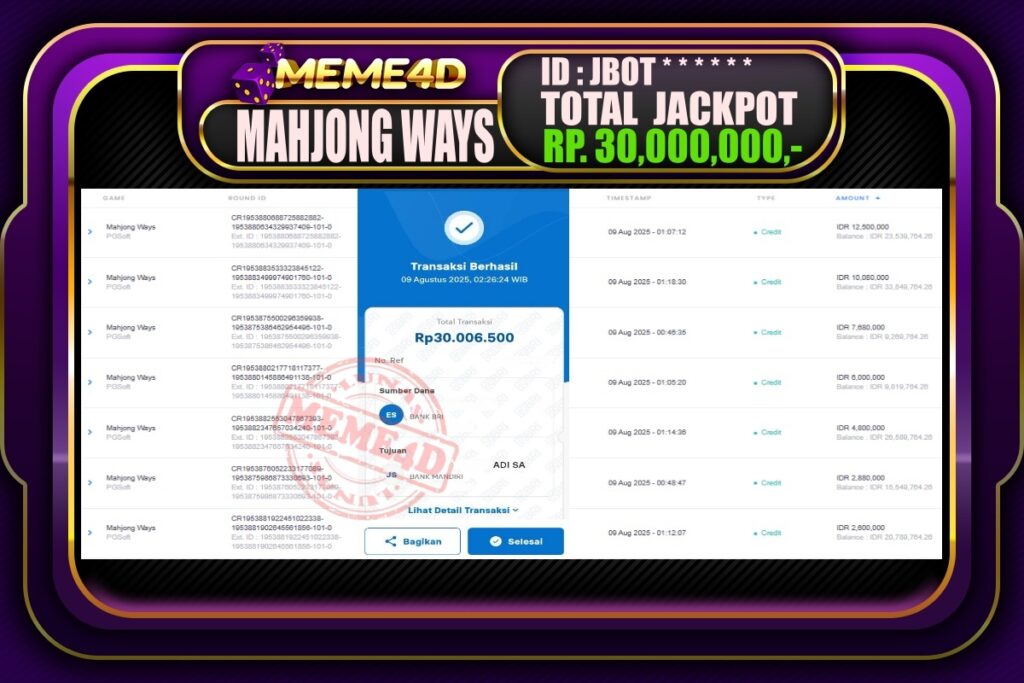 Bukti Jp MEME4D Slot Online 09 AGUSTUS 2025