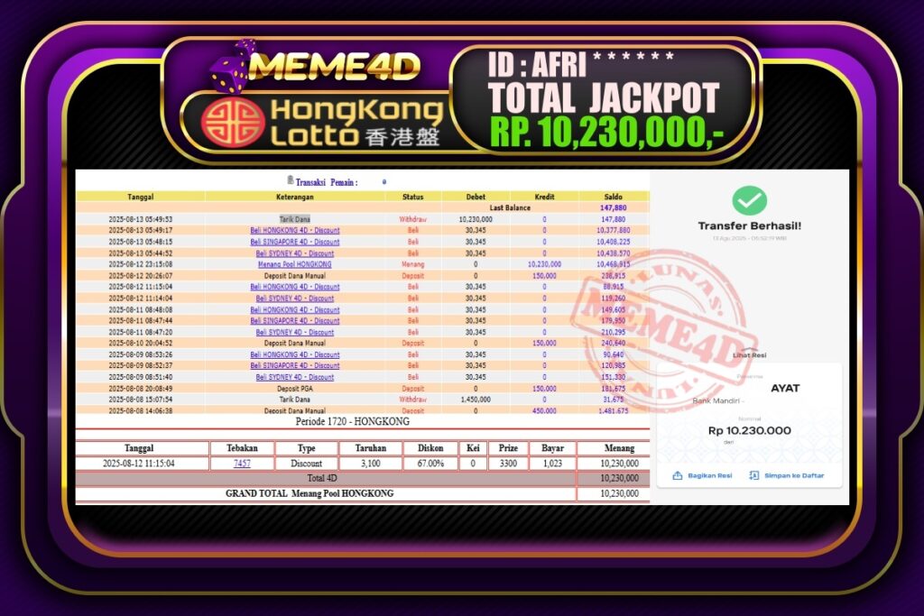 Bukti Jp MEME4D Togel Online 13 AGUSTUS 2025