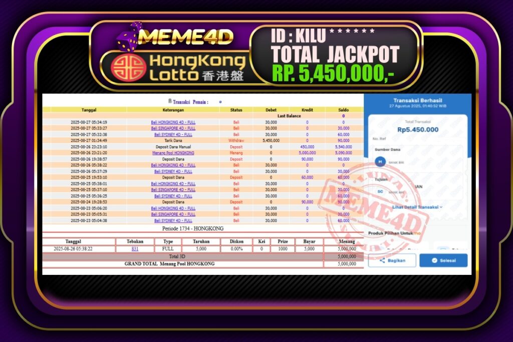 Bukti Jp MEME4D Togel Online 27 Agustus 2025