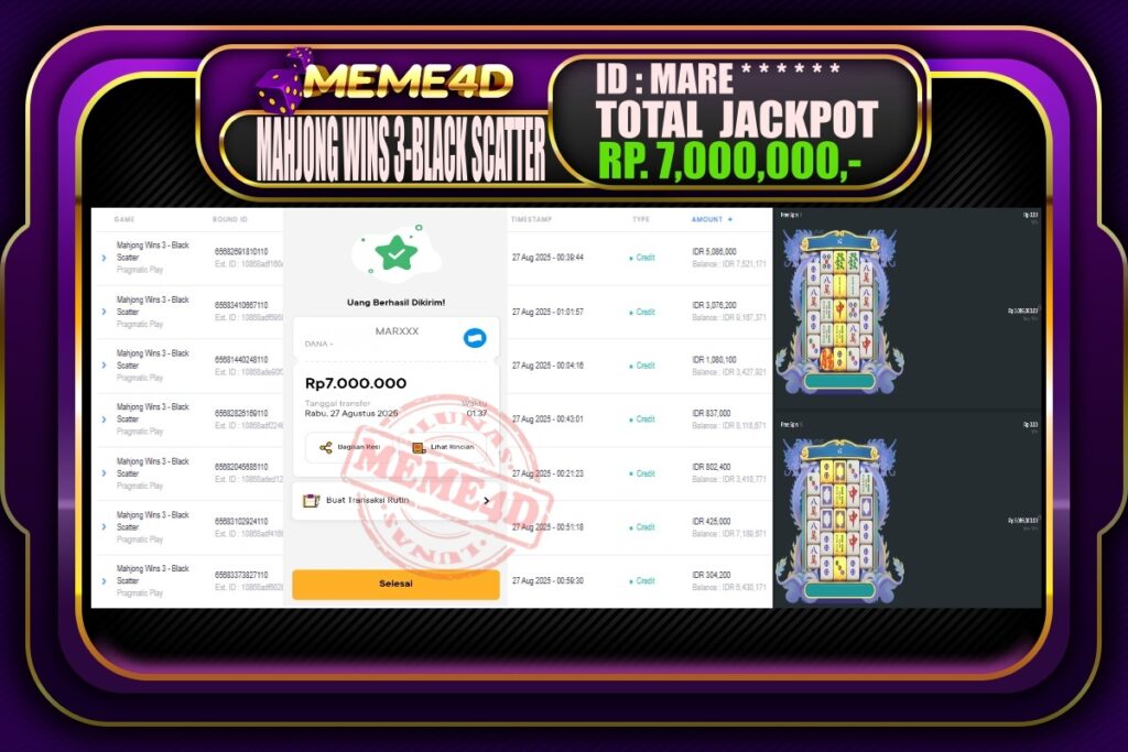 Bukti Jp MEME4D Slot Online 27 Agustus 2025