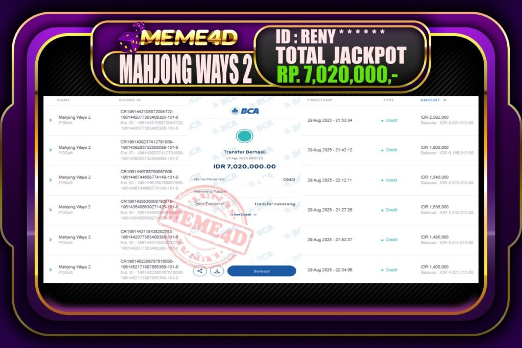 Bukti Jp MEME4D Slot Online 30 Agustus 2025