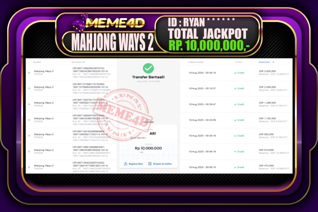 Bukti Jp MEME4D Slot Online 18 AGUSTUS 2025