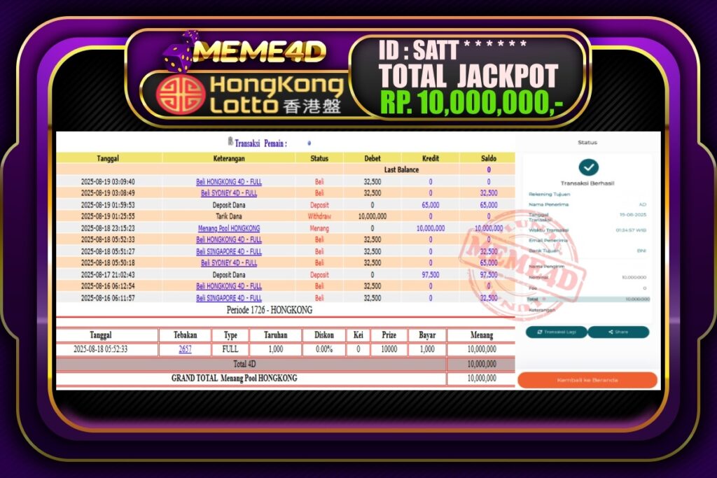 Bukti Jp MEME4D Togel Online 19 AGUSTUS 2025