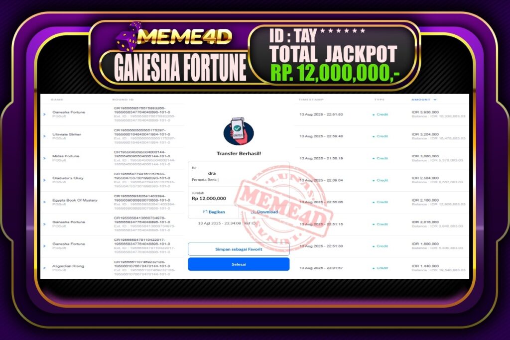 Bukti Jp MEME4D Slot Online 14 AGUSTUS 2025