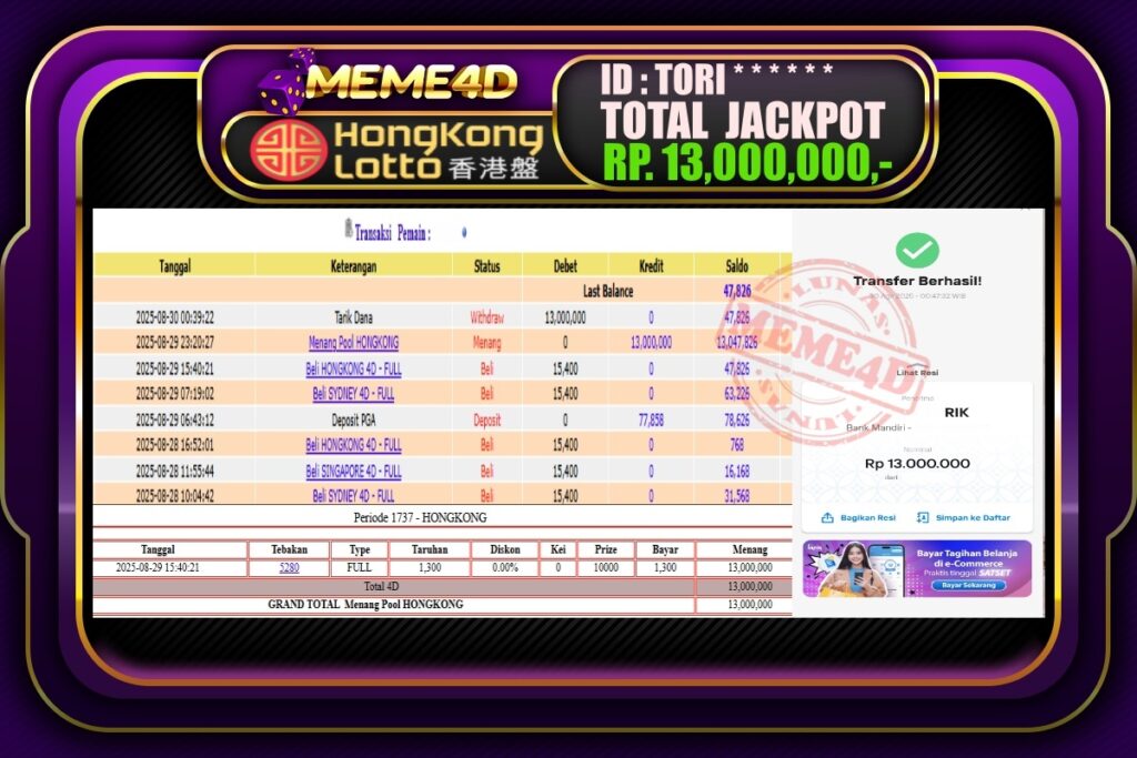 Bukti Jp MEME4D Togel Online 30 Agustus 2025