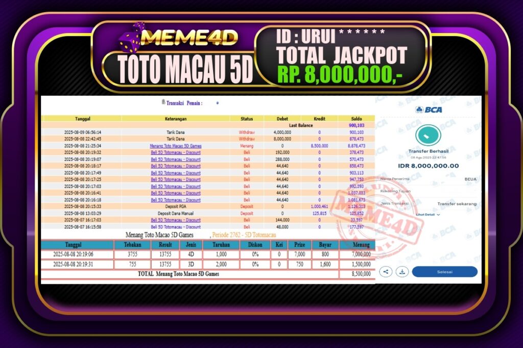 Bukti Jp MEME4D Togel Online 09 AGUSTUS 2025