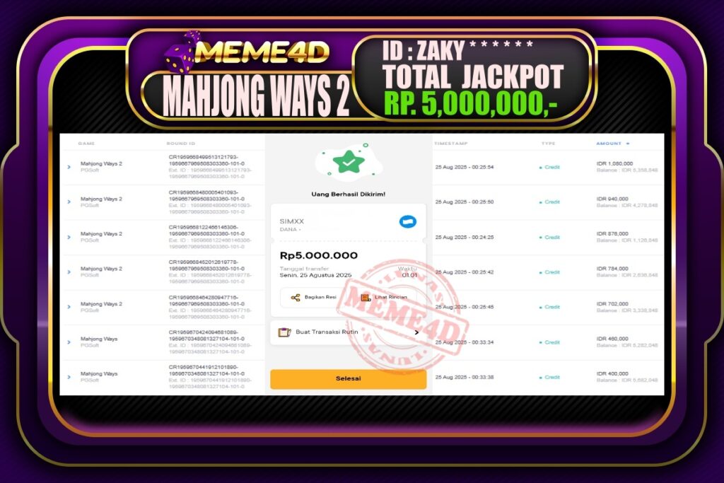 Bukti Jp MEME4D Slot Online 25 Agustus 2025