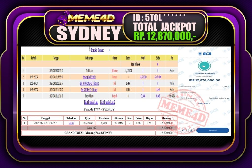 Bukti Jp MEME4D Togel Online 13 September 2025