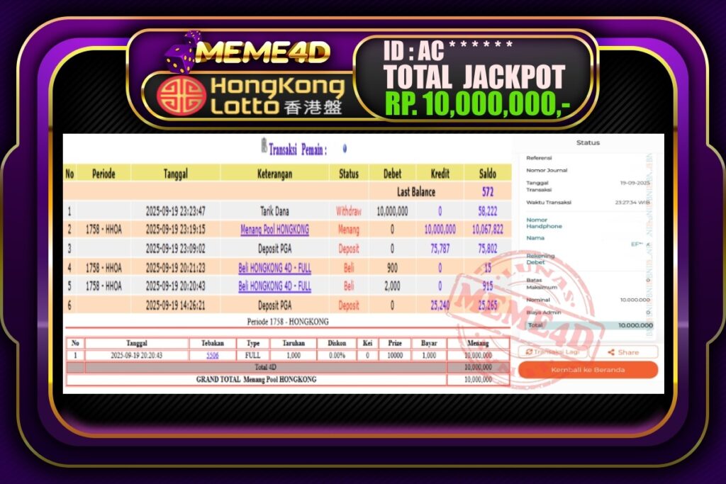Bukti Jp MEME4D Togel Online 20 September 2025