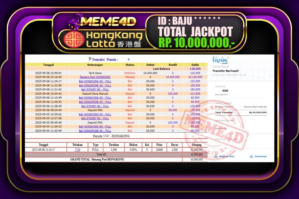 Bukti Jp MEME4D Togel Online 09 September 2025