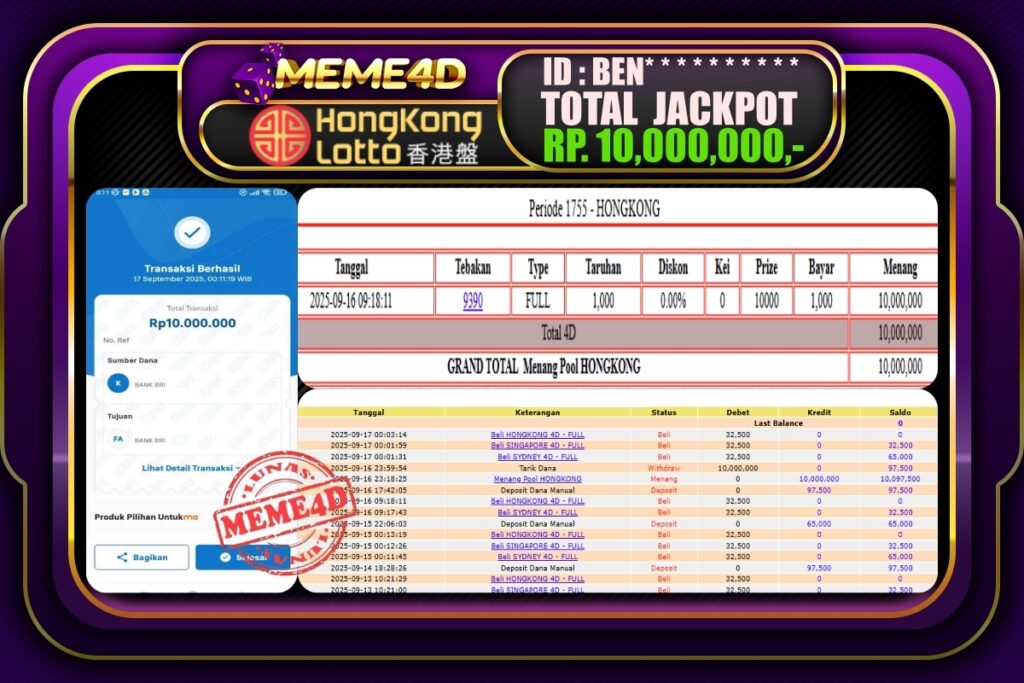 Bukti Jp MEME4D Togel Online 17 September 2025
