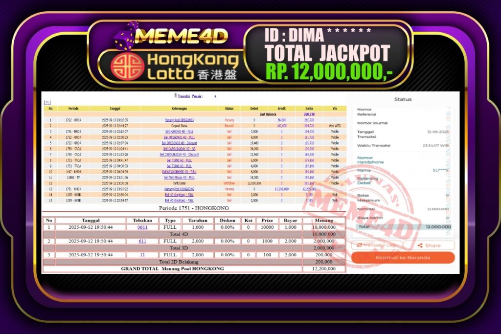 Bukti Jp MEME4D Togel Online 13 September 2025