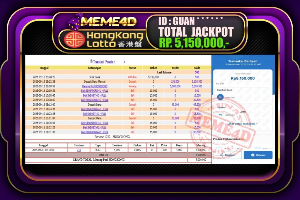 Bukti Jp MEME4D Togel Online 14 September 2025