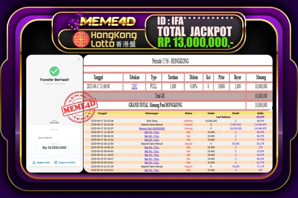 Bukti Jp MEME4D Togel Online 18 September 2025