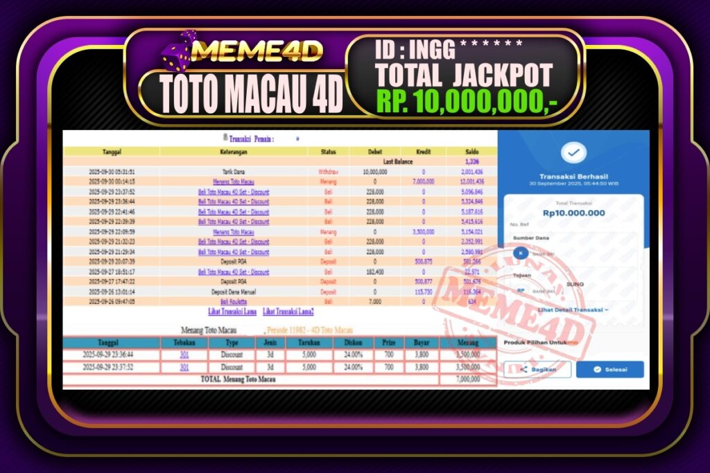 Bukti Jp MEME4D Togel Online 30 September 2025