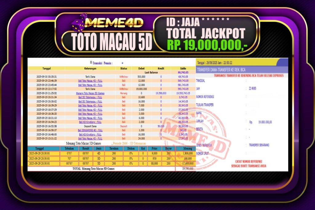 Bukti Jp MEME4D Togel Online 30 September 2025
