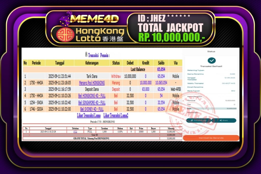 Bukti Jp MEME4D Togel Online 12 September 2025