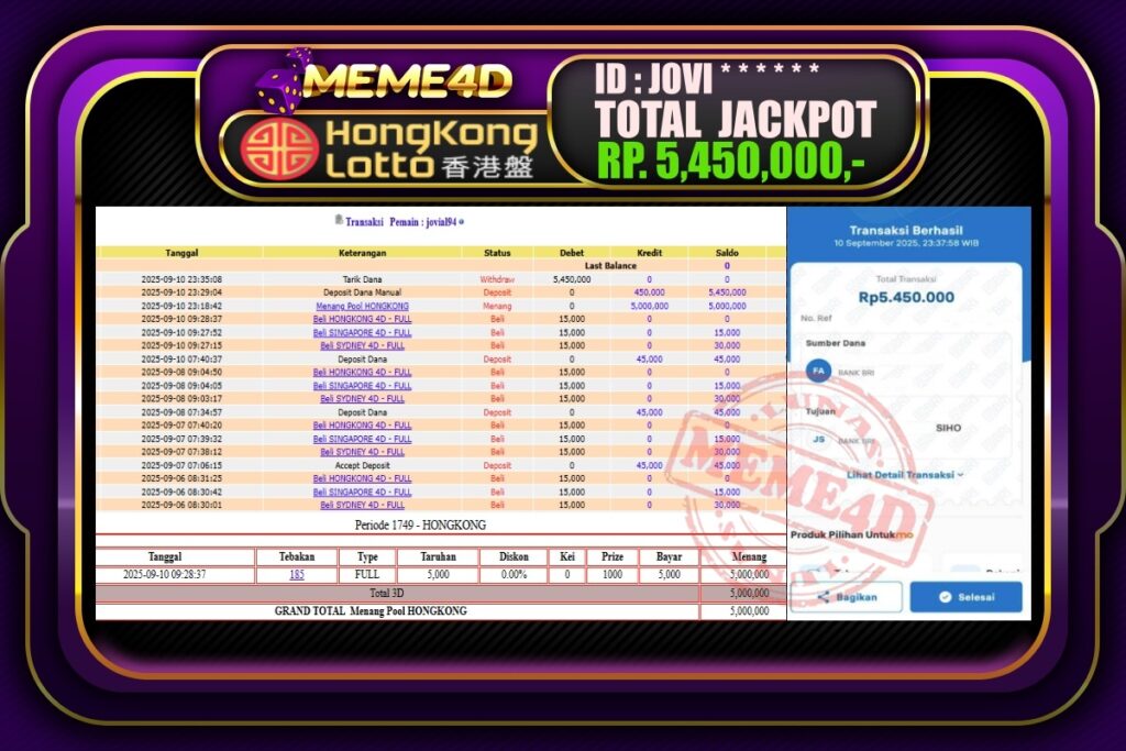 Bukti Jp MEME4D Togel Online 11 September 2025