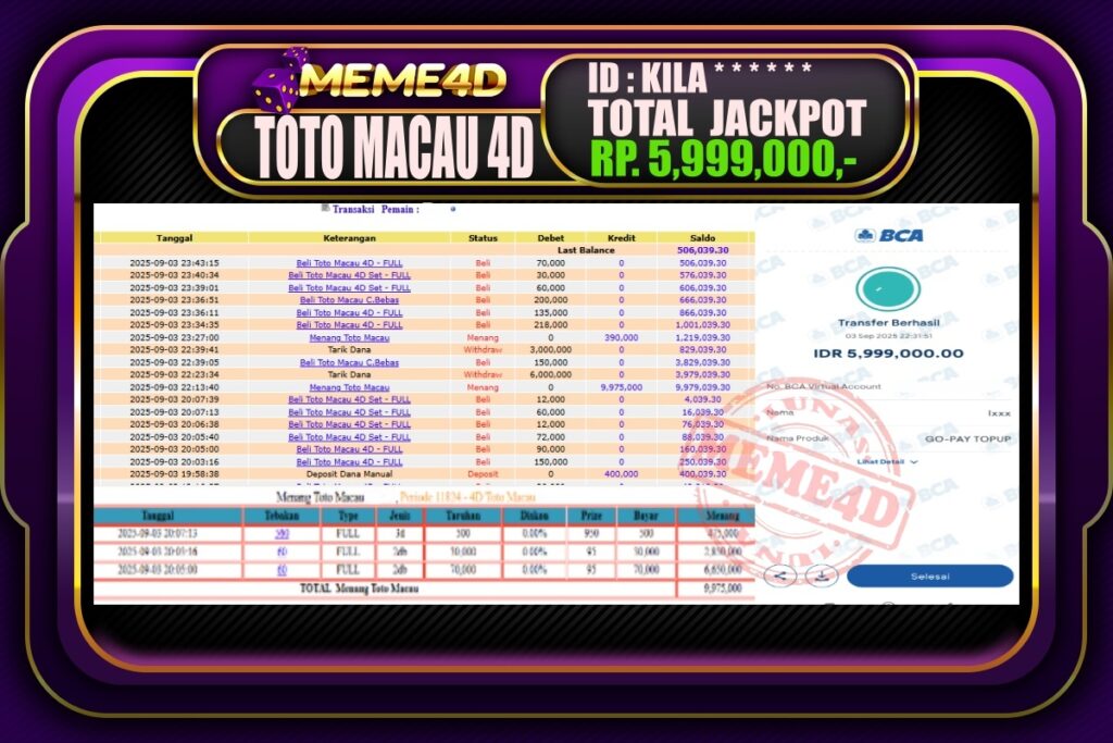 Bukti Jp MEME4D Togel Online 04 September 2025