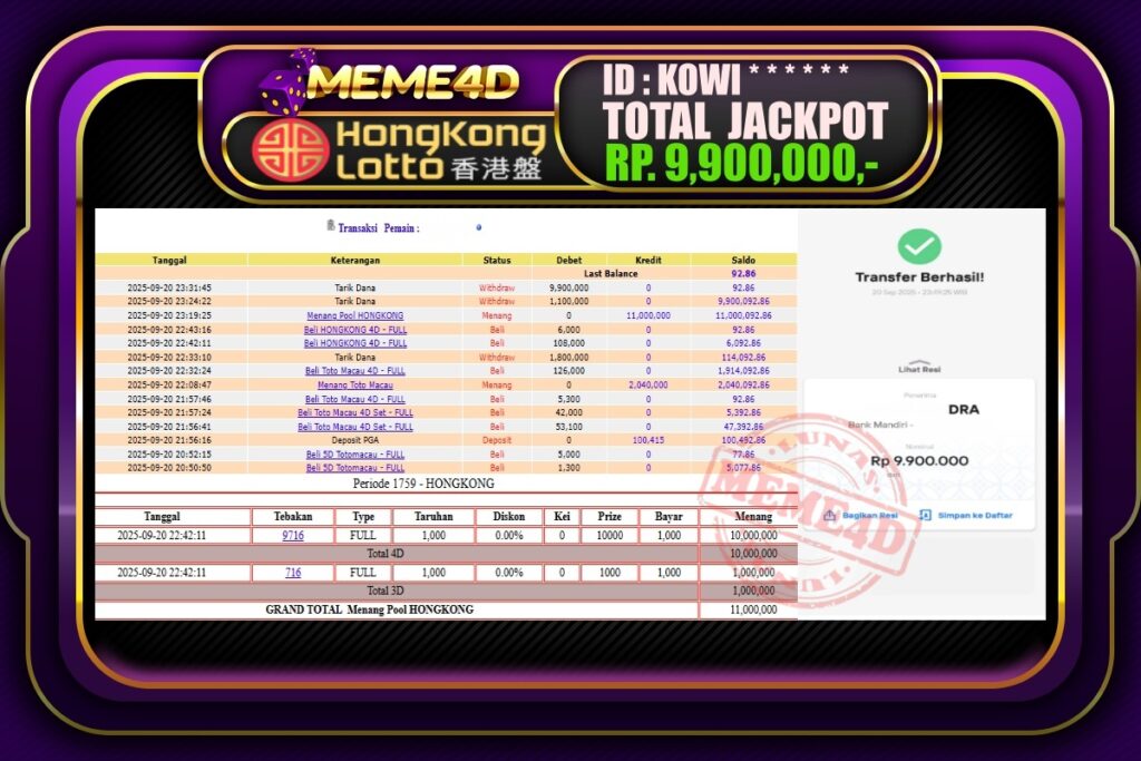 Bukti Jp MEME4D Togel Online 21 September 2025