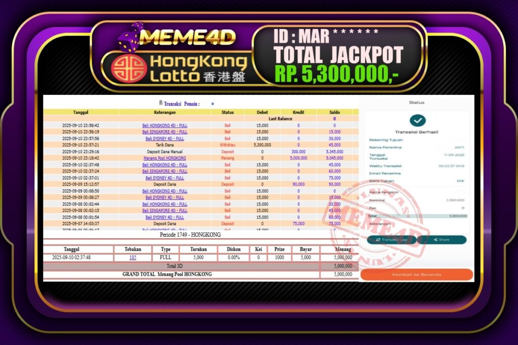 Bukti Jp MEME4D Togel Online 11 September 2025