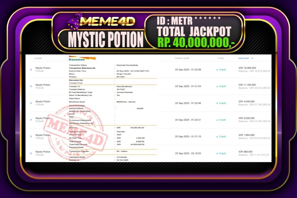 Bukti Jp MEME4D Slot Online 20 September 2025