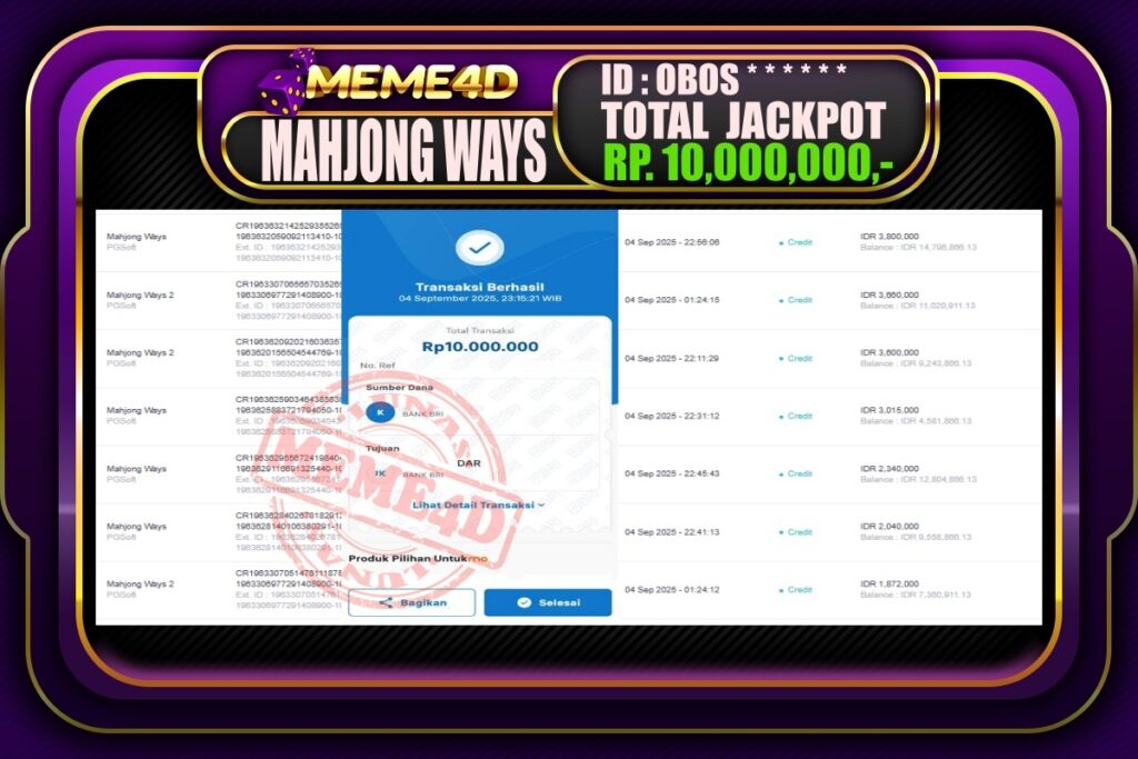 Bukti Jp MEME4D Slot Online 05 September 2025