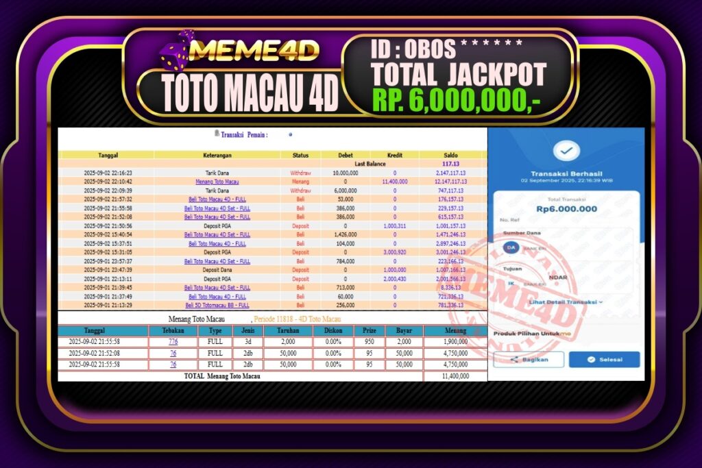 Bukti Jp MEME4D Togel Online 03 September 2025