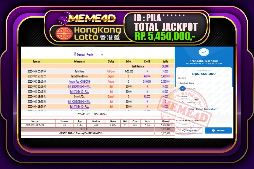 Bukti Jp MEME4D Togel Online 06 September 2025