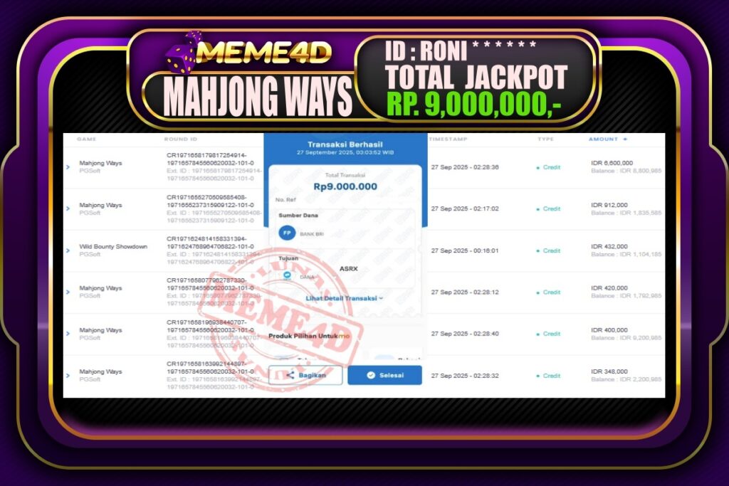 Bukti Jp MEME4D Slot Online 27 September 2025