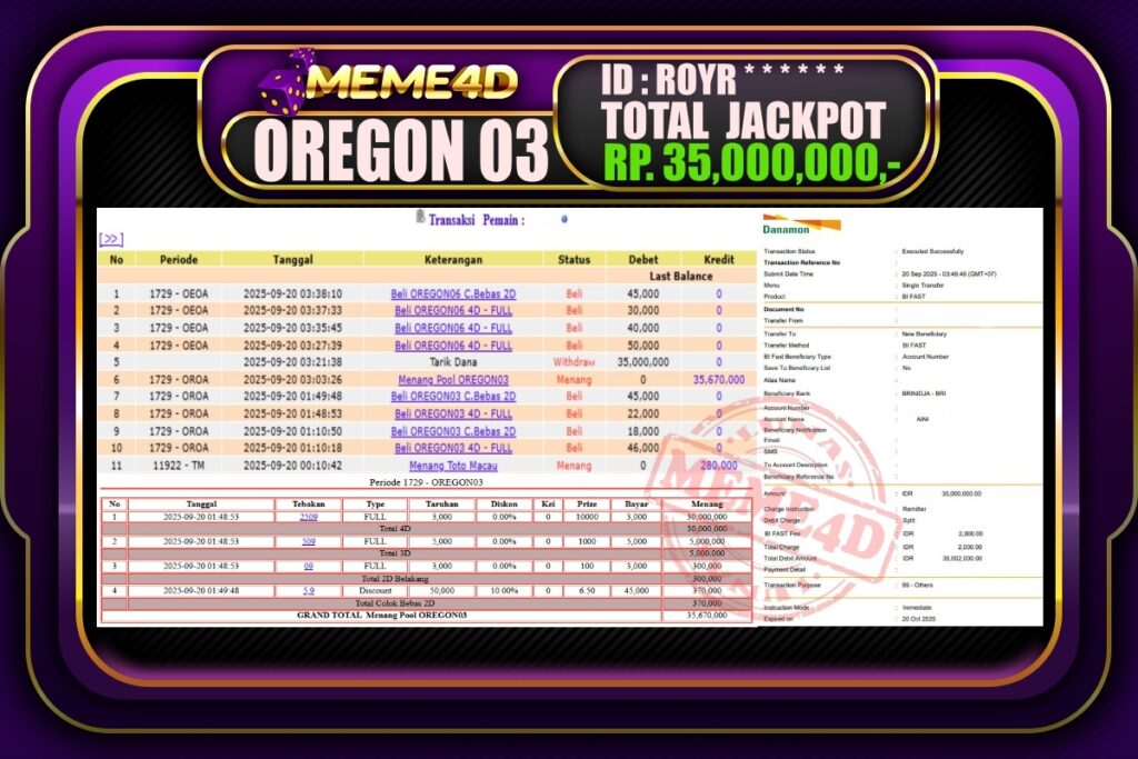 Bukti Jp MEME4D Togel Online 20 September 2025